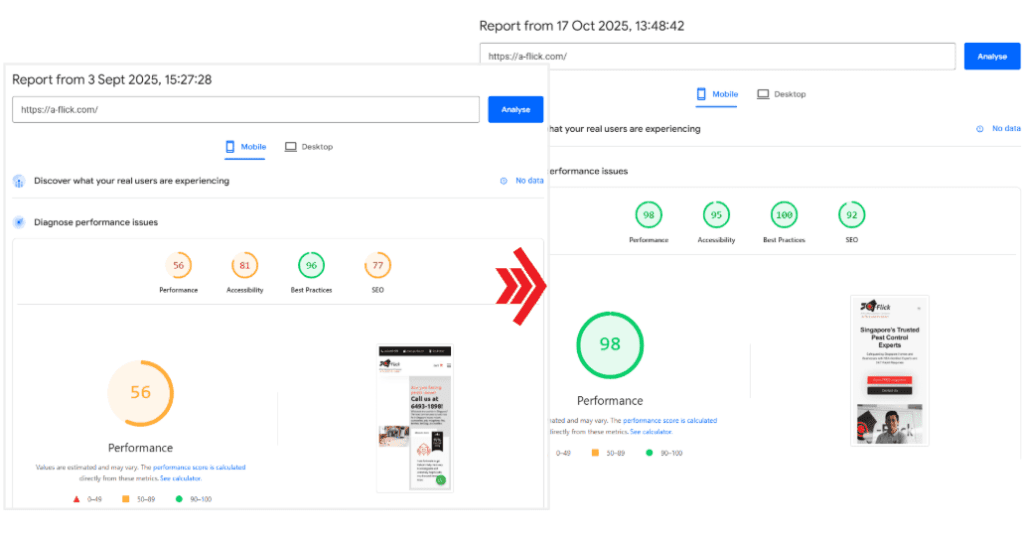 Pagespeed insights of pest control website after redesign