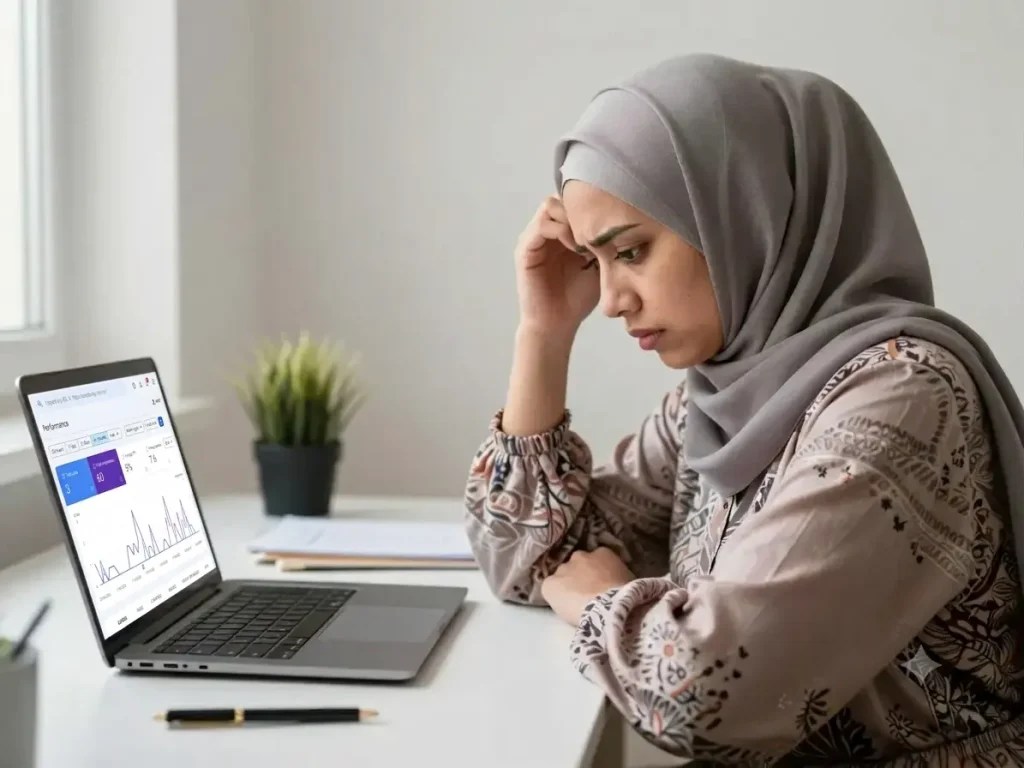a business woman look at her search console report showing low traffic a business woman look at her search console report showing low traffic